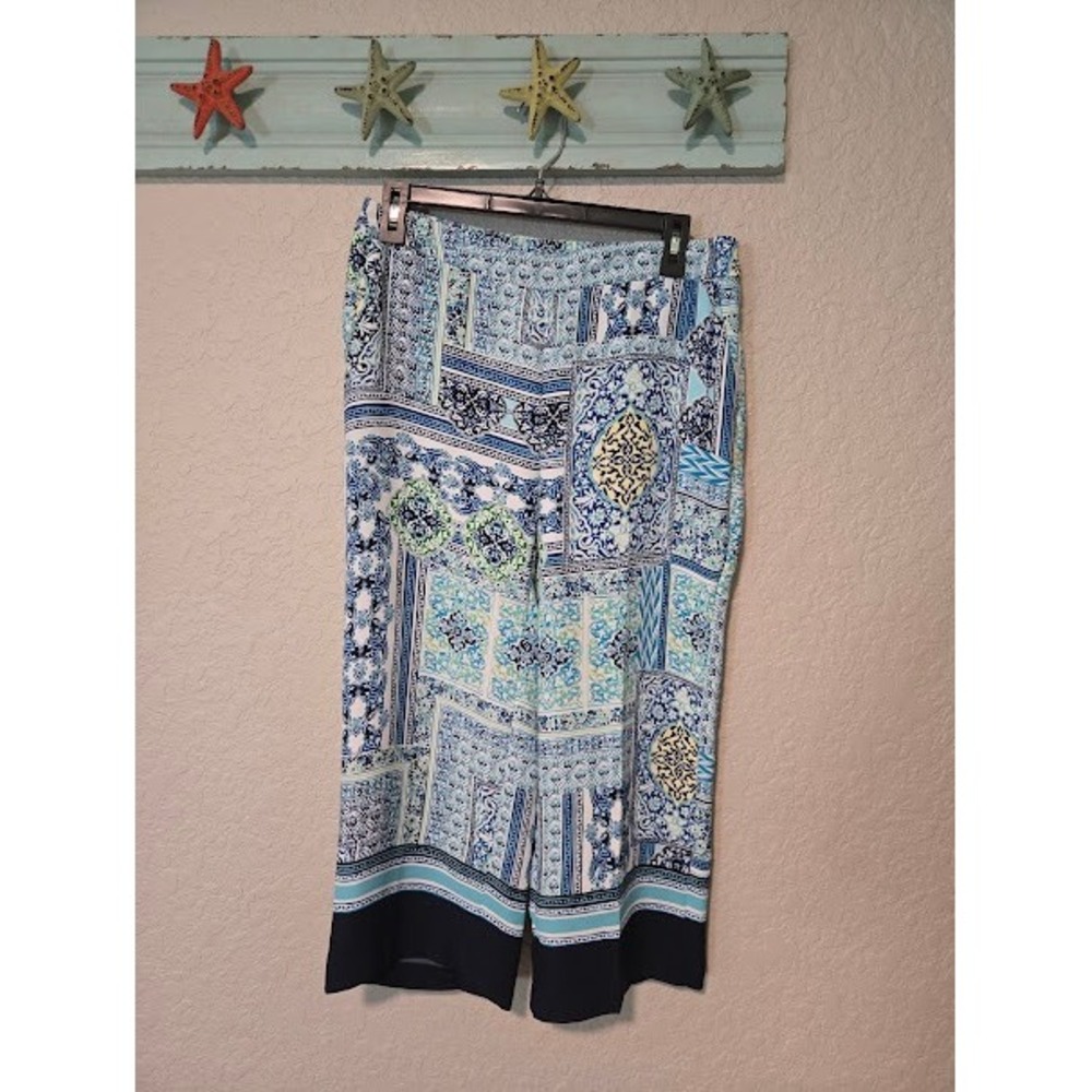 Chicos Coastal Fashion Printed Crop Pants Blue Turquoise White‎ 0P 570331693